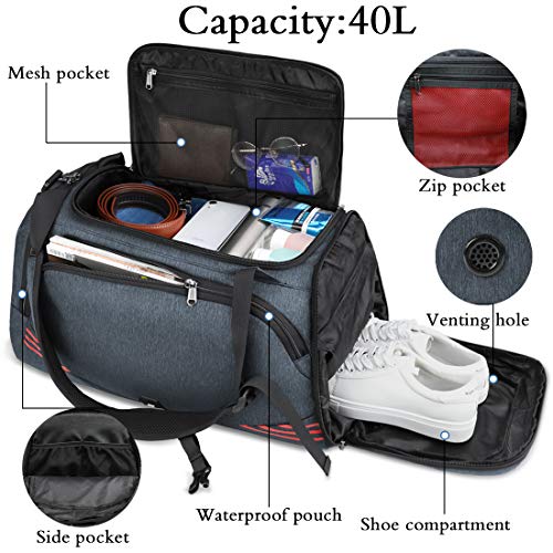 NUBILY Bolsa Deporte Hombre Bolsas Gimnasio Mujer Bolso Fin de Semana Viaje con Compartimento para Zapatos Gym Bag Impermeable Grande 40L Gris Azul