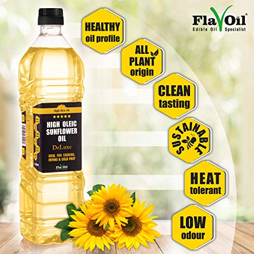 Nueva botella de aceite de girasol con alto contenido en ácido oleico de FlavOil - Aceite de girasol saludable ideal para freír, cocinar y preparar en frío (0.850 Litro)