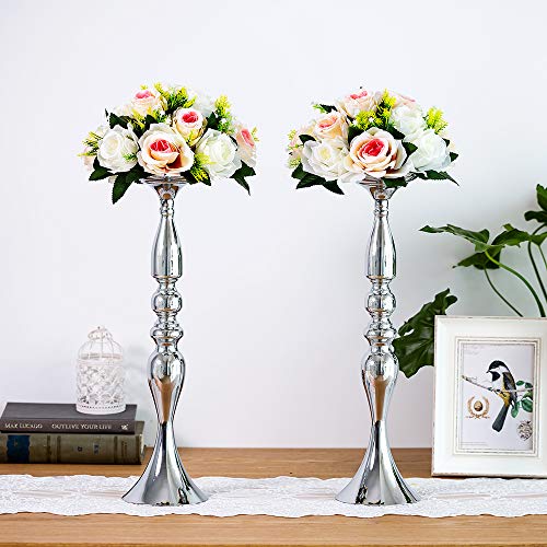 Nuptio 2 Piezas Jarrones de Metal para Decorar Centros de Boda, Pilares, Candelabros, Juego de Soporte para la Cena de Bodas, Centro de Eventos, Decoración del Hogar (Plata, 50cm)