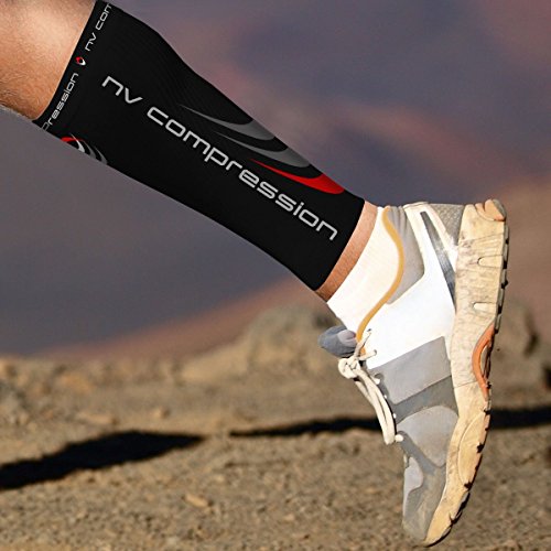 NV Compression 365 Calentadores de pantorrilla de compresión Negros - Compression Calf Sleeves - Black - For Sports Recovery, Work, Flight - Running, Cycling, Soccer, Rugby, Fitness, Gym, Golf, Tennis, Triathlon (Negro/Rojo, Large)