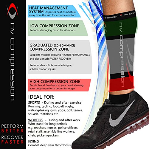 NV Compression 365 Calentadores de Pantorrilla de compresión Negros - Compression Calf Sleeves - Black - For Sports Recovery, Work, Flight - Running, Cycling, Fitness, Gym, Golf (Negro/Rojo, Med)