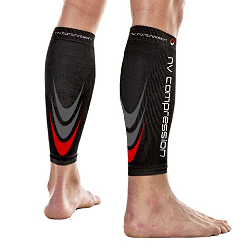 NV Compression 365 Calentadores de Pantorrilla de compresión Negros - Compression Calf Sleeves - Black - For Sports Recovery, Work, Flight - Running, Cycling, Fitness, Gym, Golf (Negro/Rojo, Med)