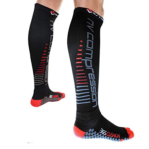 NV Compression 365 Cushion Socks – Black – Compression Sports Socks – for Running, Cycling, Triathlon, Crossfit, Gym (BK/Red Stripes, XL)