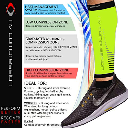 NV Compression Race and Recover Calentadores de Pantorrilla de compresión Negros - Compression Calf Sleeves - Sports Recovery, Work, Flight - Running, Cycling, Gym (Fluo Yellow/Black Stripes, S-M)
