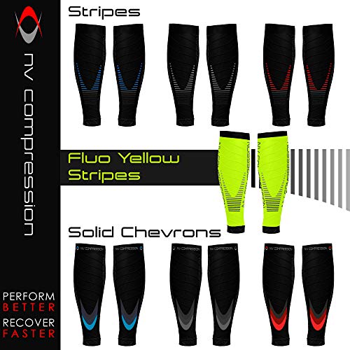 NV Compression Race and Recover Calentadores de Pantorrilla de compresión Negros - Compression Calf Sleeves - Sports Recovery, Work, Flight - Running, Cycling, Gym (Fluo Yellow/Black Stripes, S-M)