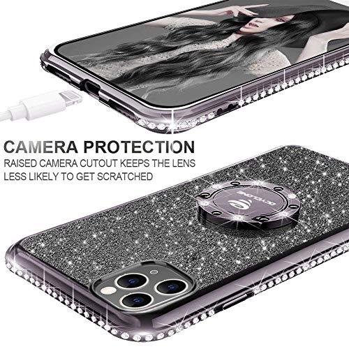 OCYCLONE Funda iPhone 11 Pro MAX 6.5", Glitter Dimante Ultra Delgada TPU Carcasa con Anillo Kickstand de 360 y Cordon, Brillante Cover Protectora para iPhone 11 Pro MAX - Negro