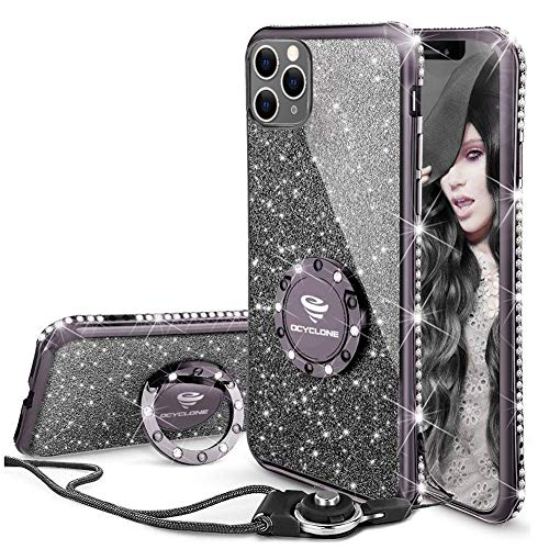 OCYCLONE Funda iPhone 11 Pro MAX 6.5", Glitter Dimante Ultra Delgada TPU Carcasa con Anillo Kickstand de 360 y Cordon, Brillante Cover Protectora para iPhone 11 Pro MAX - Negro