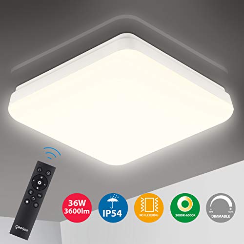 Oeegoo Lámpara de Techo Regulable, IP54 Impermeable, LED Plafón 36W 3600LM para Dormitorio Cocina Sala de Estar Comedor Balcón (Color de Luz Regulable 3000K a 6500K, Brillo Ajustable 10% a 100%)