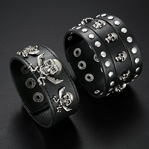 Oidea 2 Pcs Pulsera Hombre Cuero Punk Rock Cráneo Ajustable Brazalete Piel Calavera Remache Joya de Moda Cadena Ancho Regalo Halloween