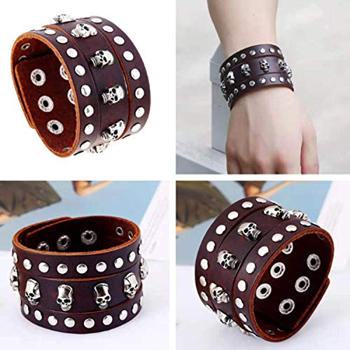 Oidea 2 Pcs Pulsera Hombre Cuero Punk Rock Cráneo Ajustable Brazalete Piel Calavera Remache Joya de Moda Cadena Ancho Regalo Halloween