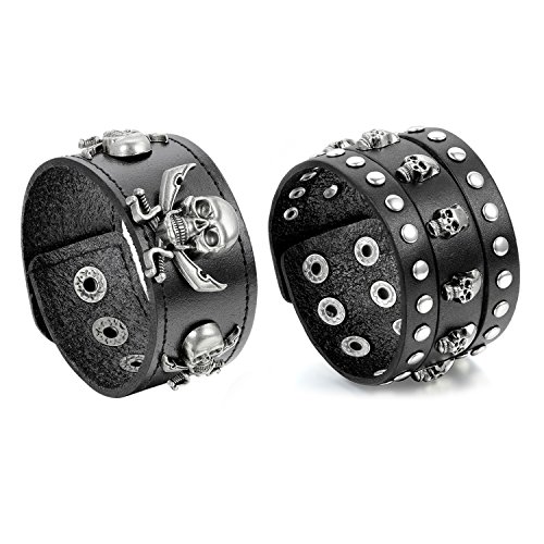 Oidea 2 Pcs Pulsera Hombre Cuero Punk Rock Cráneo Ajustable Brazalete Piel Calavera Remache Joya de Moda Cadena Ancho Regalo Halloween