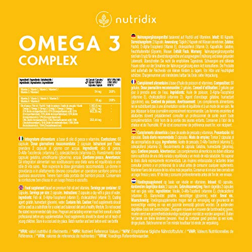 Omega 3 2000 mg por Dosis - Ácidos Grasos Esenciales DHA y EPA - Aceite de Pescado Puro Alta Concentración con Vitamina D y E - 60 Cápsulas Nutridix