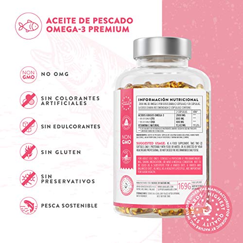 Omega 3 de Aceite de Pescado [2000 mg] - Alta Potencia - Destilado Molecularmente para mayor pureza - Fuente de Ácidos Grasos - 800 mg EPA - 400 mg DHA - 120 cápsulas blandas - suministro de 60 días