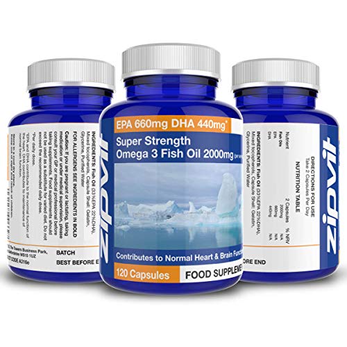 Omega 3 Fish Oil 2000mg, 120 Capsules. EPA 660mg DHA 440mg per serving. Supports Heart, Brain Function and Eye Health.