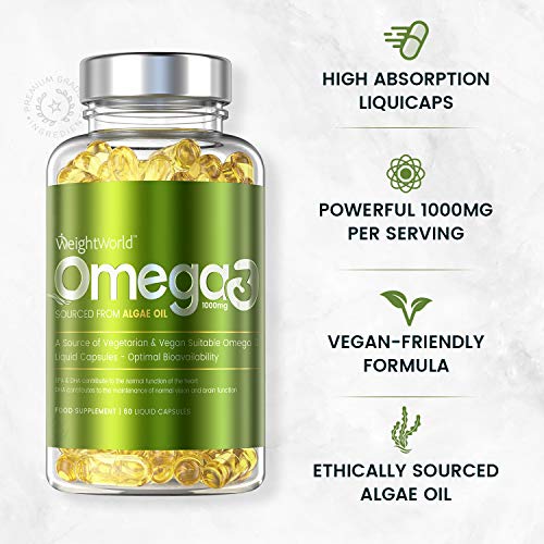 Omega 3 Vegano Aceite de Algas Marinas 1000 mg - 550mg de EPA y DHA, Suplemento Para Salud de Cerebro, Hígado y Corazón, Controla Colesterol, Mejora Presión Arterial, Con Vitamina E 60 Cápsulas