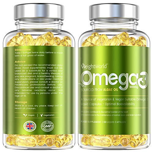 Omega 3 Vegano Aceite de Algas Marinas 1000 mg - 550mg de EPA y DHA, Suplemento Para Salud de Cerebro, Hígado y Corazón, Controla Colesterol, Mejora Presión Arterial, Con Vitamina E 60 Cápsulas