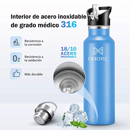 OMORC Botella Agua Acero Inoxidable, 600ML Aislada al Vacío de Conserva Frío Doble Pared, Resistencia al Rayado, sin BPA Botella Agua Deporte, para Gimnasio, Oficina, Deportes, Fácil de Limpiar