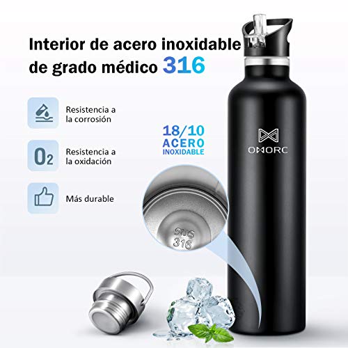 OMORC Botella Agua Acero Inoxidable, Aislada al Vacío de Doble Pared, Resistencia al Rayado, Funda Portátil al Gimnasio, Oficina, Ciclismo, Conserva Frío y Caliente Café, Fácil de Limpiar (1L Negro)