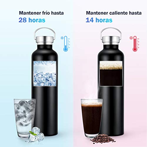 OMORC Botella Agua Acero Inoxidable, Aislada al Vacío de Doble Pared, Resistencia al Rayado, Funda Portátil al Gimnasio, Oficina, Ciclismo, Conserva Frío y Caliente Café, Fácil de Limpiar (1L Negro)