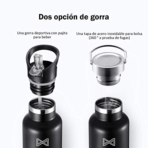 OMORC Botella Agua Acero Inoxidable, Aislada al Vacío de Doble Pared, Resistencia al Rayado, Funda Portátil al Gimnasio, Oficina, Ciclismo, Conserva Frío y Caliente Café, Fácil de Limpiar (1L Negro)