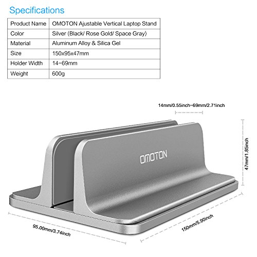 OMOTON Soporte Laptop, Atapta a Macbook Pro/Air, Huawei, DELL y Otros Portátiles y Netbooks, Vertical Soporte para Ordenador de Aluminio con Base Ajustable, Gris