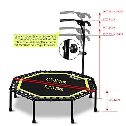 OneTwoFit 51"Cama Elástica Silenciosa con Manubrio Ajustable, Trampolín Fitness Entrenador de Cardio Salto Rebote Bungee para adultos OT105