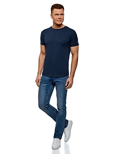 oodji Ultra Hombre Camiseta de Algodón con Espalda Alargada, Azul, ES 44 / XS