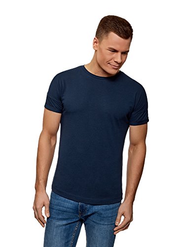 oodji Ultra Hombre Camiseta de Algodón con Espalda Alargada, Azul, ES 44 / XS