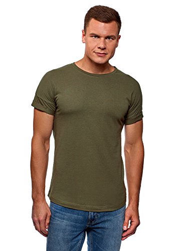 oodji Ultra Hombre Camiseta de Algodón con Espalda Alargada, Verde, ES 52-54 / L