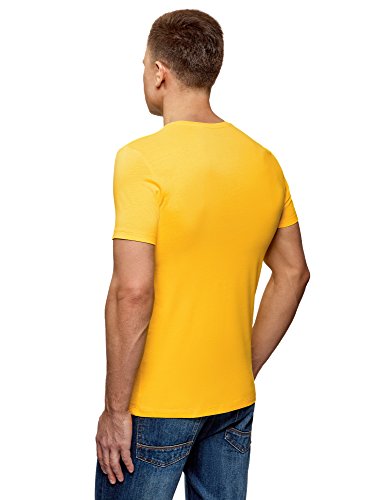 oodji Ultra Hombre Camiseta de Algodón con Inscripción, Amarillo, ES 44 / XS