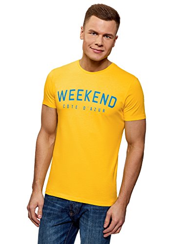 oodji Ultra Hombre Camiseta de Algodón con Inscripción, Amarillo, ES 44 / XS