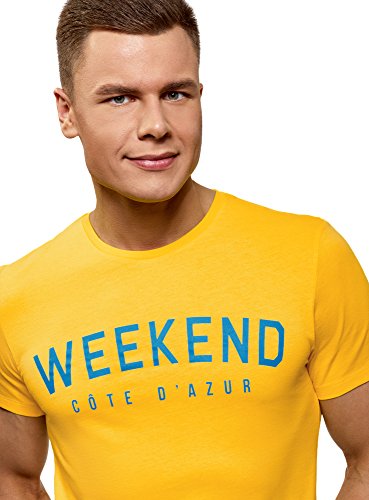 oodji Ultra Hombre Camiseta de Algodón con Inscripción, Amarillo, ES 44 / XS
