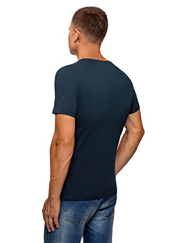 oodji Ultra Hombre Camiseta de Algodón con Inscripción, Azul, ES 46-48 / S