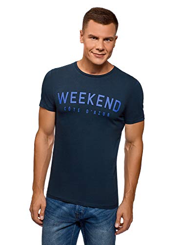 oodji Ultra Hombre Camiseta de Algodón con Inscripción, Azul, ES 46-48 / S