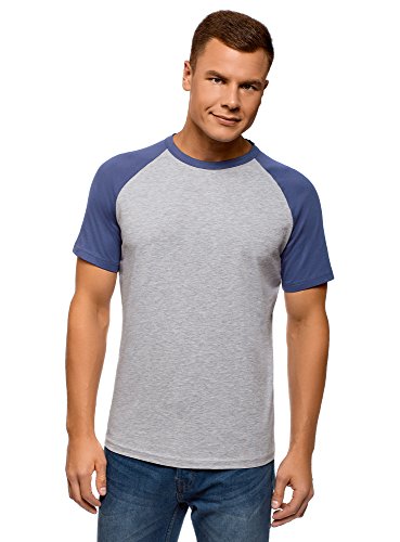 oodji Ultra Hombre Camiseta de Algodón con Mangas Raglán en Contraste, Gris, S