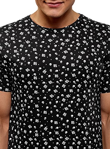 oodji Ultra Hombre Camiseta Estampada de Algodón, Negro, ES 44 / XS