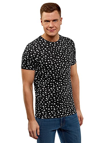 oodji Ultra Hombre Camiseta Estampada de Algodón, Negro, ES 44 / XS