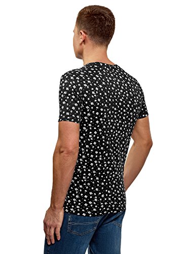 oodji Ultra Hombre Camiseta Estampada de Algodón, Negro, ES 44 / XS
