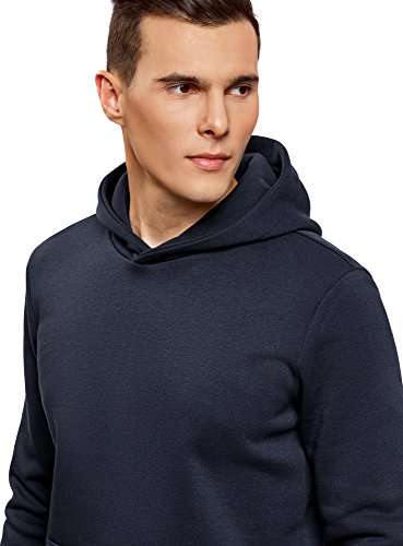 oodji Ultra Hombre Sudadera Básica con Capucha y Bolsillo, Azul, ES 50 / M