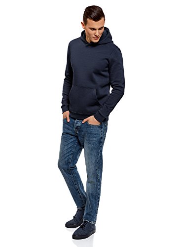 oodji Ultra Hombre Sudadera Básica con Capucha y Bolsillo, Azul, ES 50 / M