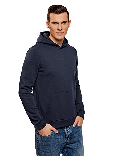 oodji Ultra Hombre Sudadera Básica con Capucha y Bolsillo, Azul, ES 50 / M