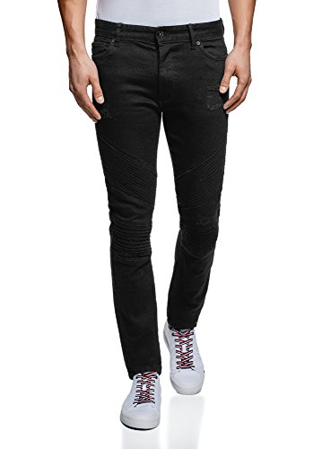 oodji Ultra Hombre Vaqueros Slim de Estilo Motorista, Negro, 34W / 32L