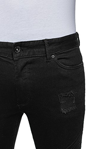 oodji Ultra Hombre Vaqueros Slim de Estilo Motorista, Negro, 34W / 32L