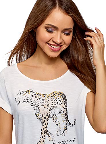 oodji Ultra Mujer Camiseta con Estampado, Blanco, ES 36 / XS