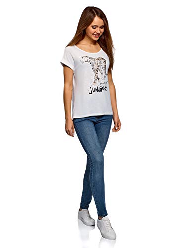 oodji Ultra Mujer Camiseta con Estampado, Blanco, ES 36 / XS