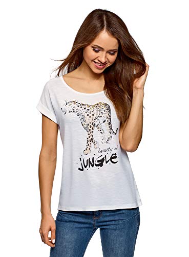 oodji Ultra Mujer Camiseta con Estampado, Blanco, ES 36 / XS