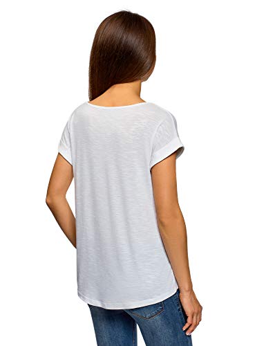 oodji Ultra Mujer Camiseta con Estampado, Blanco, ES 36 / XS