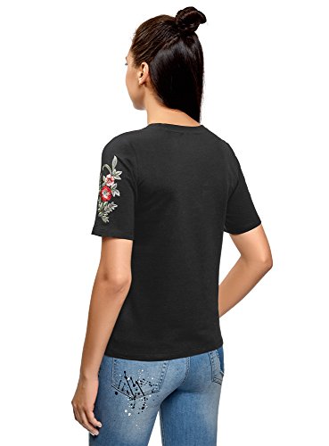 oodji Ultra Mujer Camiseta de Algodón con Bordado, Negro, ES 38 / S