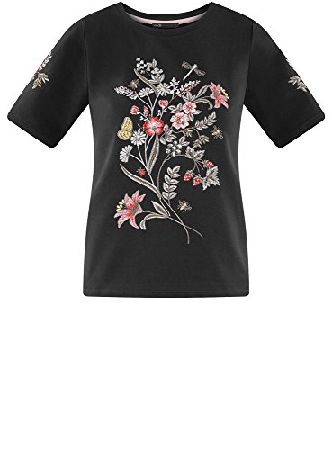 oodji Ultra Mujer Camiseta de Algodón con Bordado, Negro, ES 38 / S