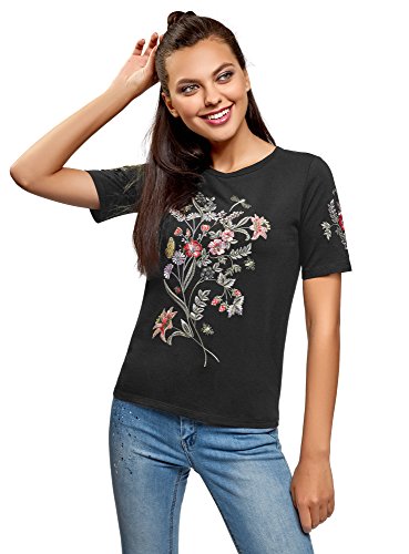 oodji Ultra Mujer Camiseta de Algodón con Bordado, Negro, ES 38 / S